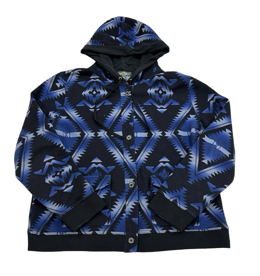 Lauren Ralph Lauren Aztec Hooded Sweater Jacket Womens Size XL Blue Button Up